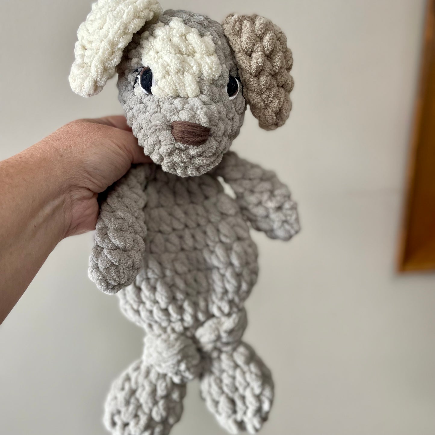 Pale Grey and Ivory Pepper Pup Snuggler (yarn eyes)