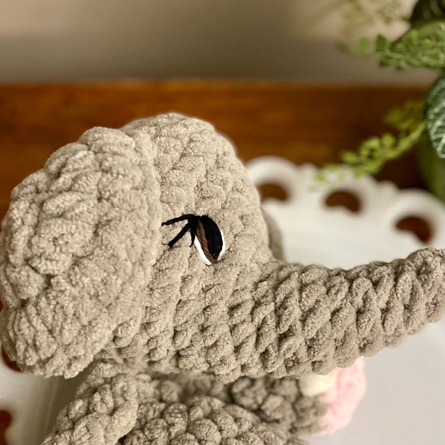 Pale Grey May the Elephant Snuggler (yarn eye)