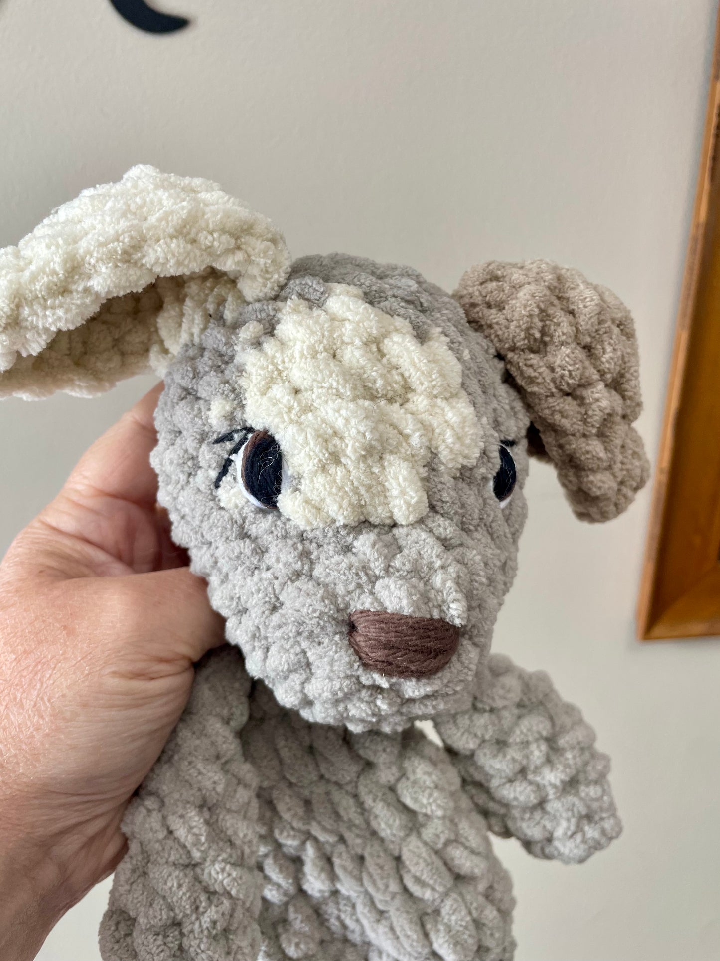 Pale Grey and Ivory Pepper Pup Snuggler (yarn eyes)