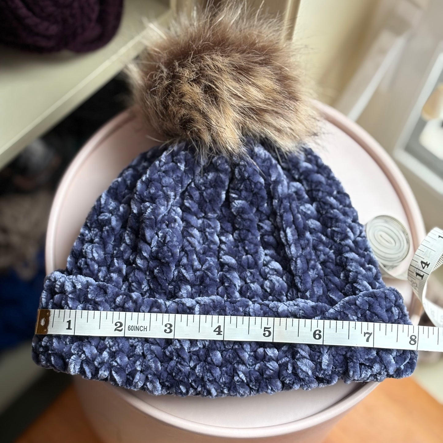 Single Pom Velvet Beanie (0-3 months) - Indigo