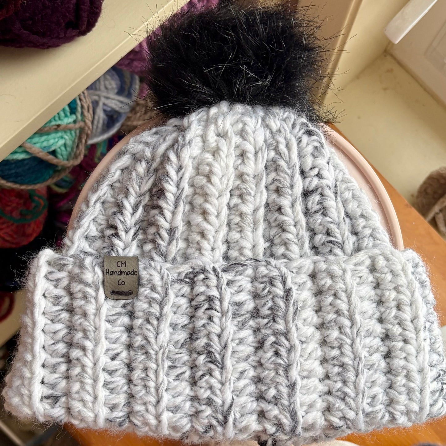 Chunky Beanie with Removable Pom - Marble
