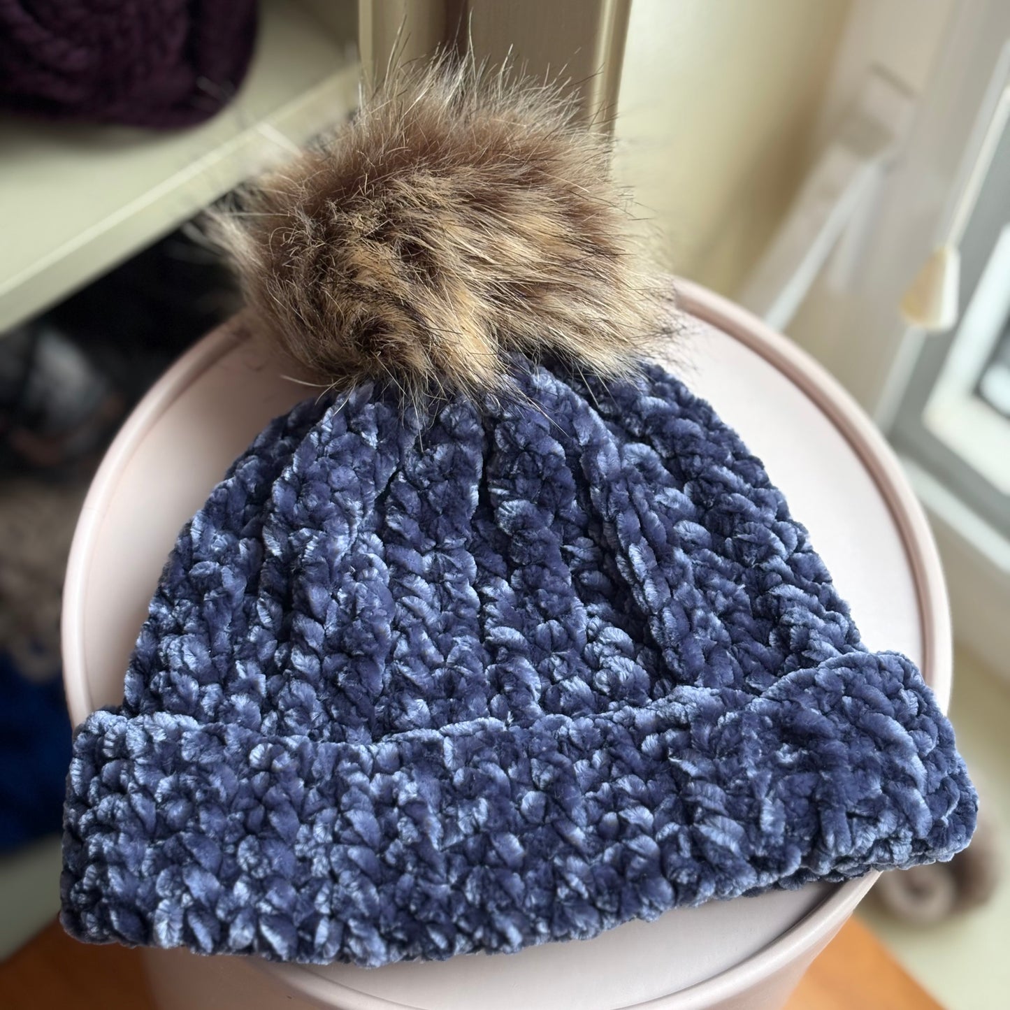Single Pom Velvet Beanie (0-3 months) - Indigo