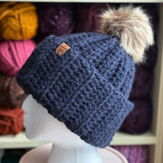 Chunky Beanie with Removable Pom - Navy