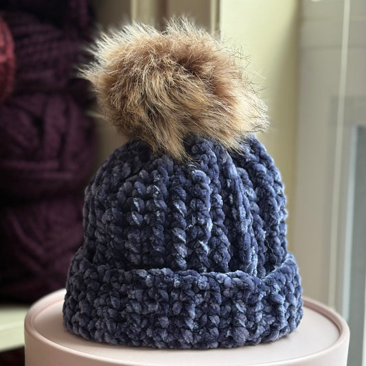 Single Pom Velvet Beanie (0-3 months) - Indigo
